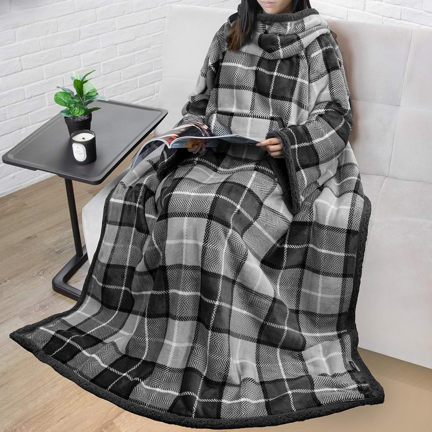 PAVILIA Sherpa Wearable Blanket with Sleeves and Pocket, Plush Thick Cozy Body Blanket Wrap for Adult Women Men, Christmas Gift for Wife Mom, Plaid Grey - Image 9