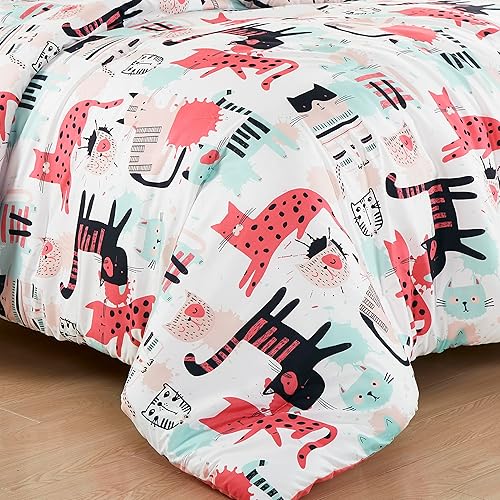 Miniatura 6 de Chezmoi Collection Juego de ropa de cama de 3 piezas con diseño de gatos de dibujos animados, tamaño individual, juego de edredón de microfibra