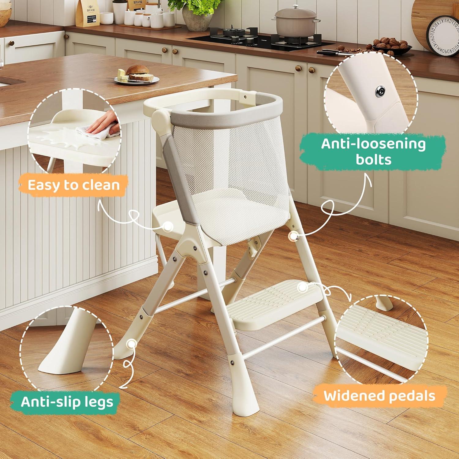 Toddler Tower, Toddler Kitchen Stool Helper with Anti-Tipping Structure and Safety Net, More Secure and Stable, Ideal for Toddlers 18 Months to 4 Years Old, White