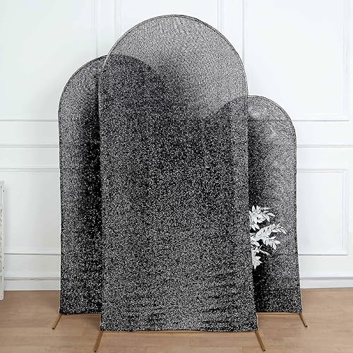 Miniatura 2 de Efavormart - Marco de fondo redondo de elastano negro brillante de 7 pies, cubierta metálica brillante para arco de boda de 2 lados