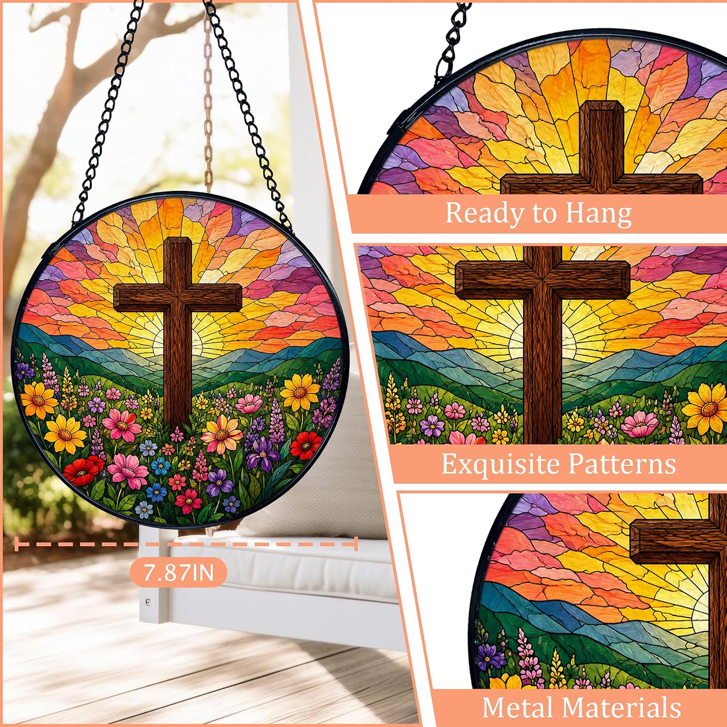 Christian Cross Stained Glass, Flower Suncatchers Religious Cross Wildflower Stained Glass Window Hanging Round Gardening Wall Art, Christian Cottagecore Garden Decorations Statues, 7.8x7.8