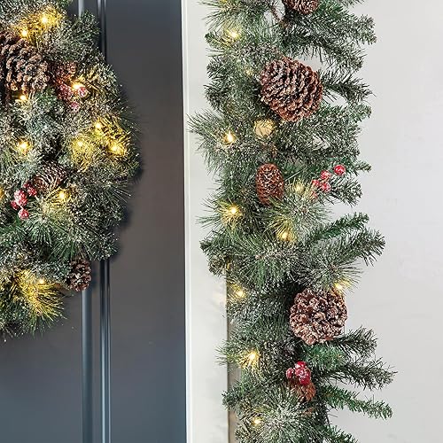 Miniatura 7 de Glitzhome 9ft Christmas Garland with Lights, Christmas Garland for Mantle, Pre-Lit Artificial Christmas Garland Glittered Pine Cones Berries with