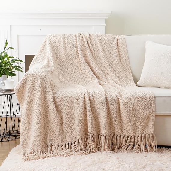 Battilo Beige Throw Blanket for Sofa Bed Couch Chair, Knitted Beige Throw for Bed, Soft Warm Cozy Decorative Neutral Throw Blankets Tan Throw Blanket for Room Decor Housewarming Gifts, 125x150cm