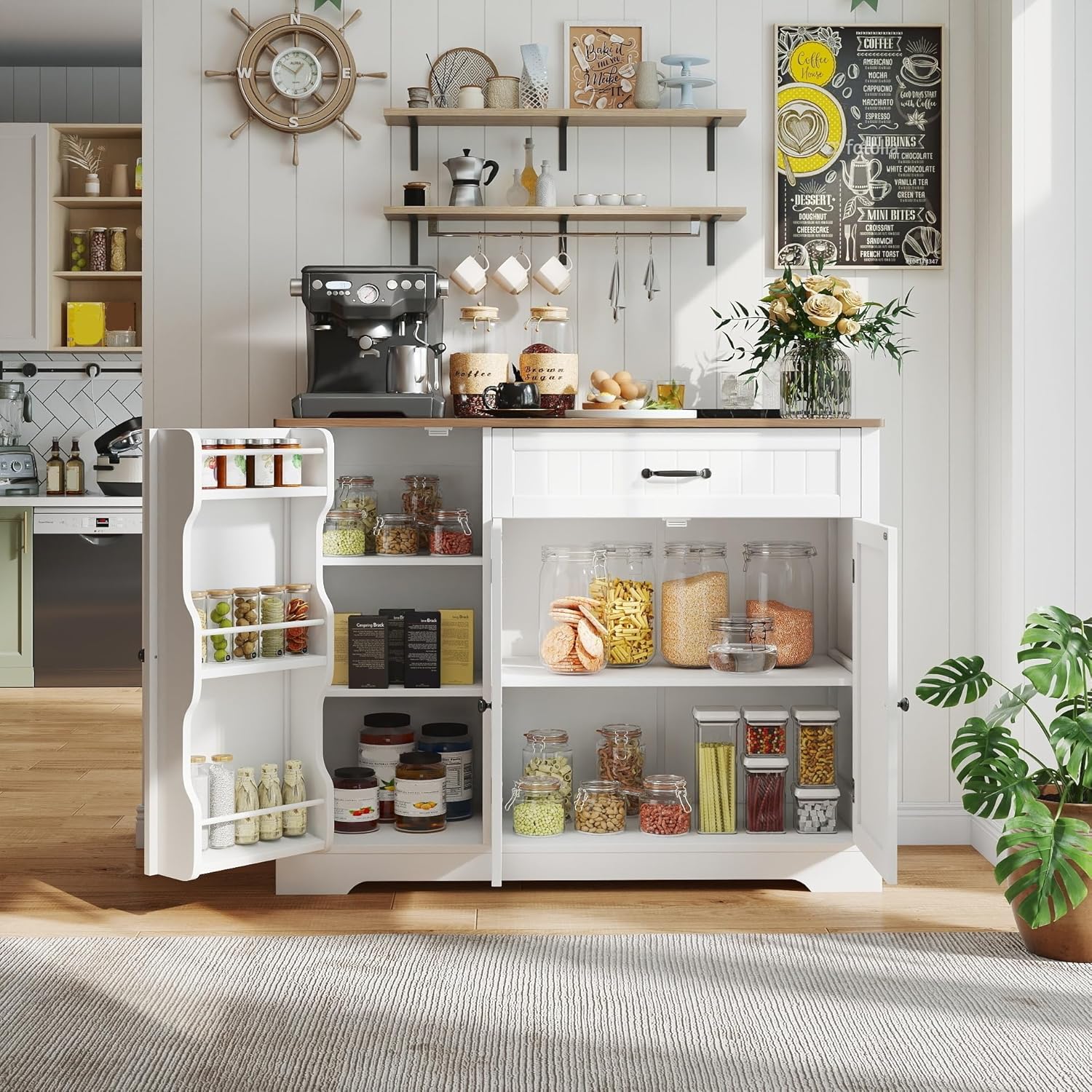 Gizoon Kitchen Coffee Bar Cabinet fully stocked with various kitchen items