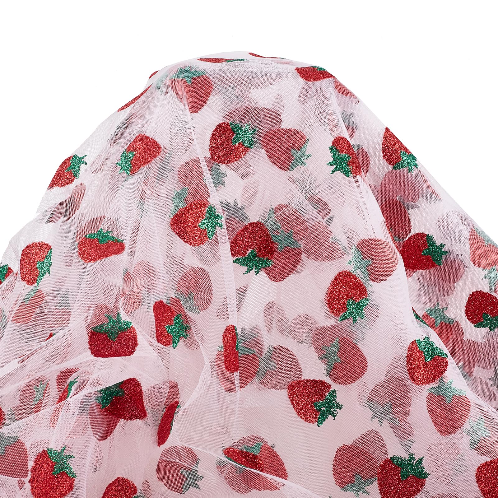 NICENEEDED 3 Yards Strawberry Tulle Lace Fabric, Fruit Embroidered Mesh Tulle Net Yarn Tulle Fabric