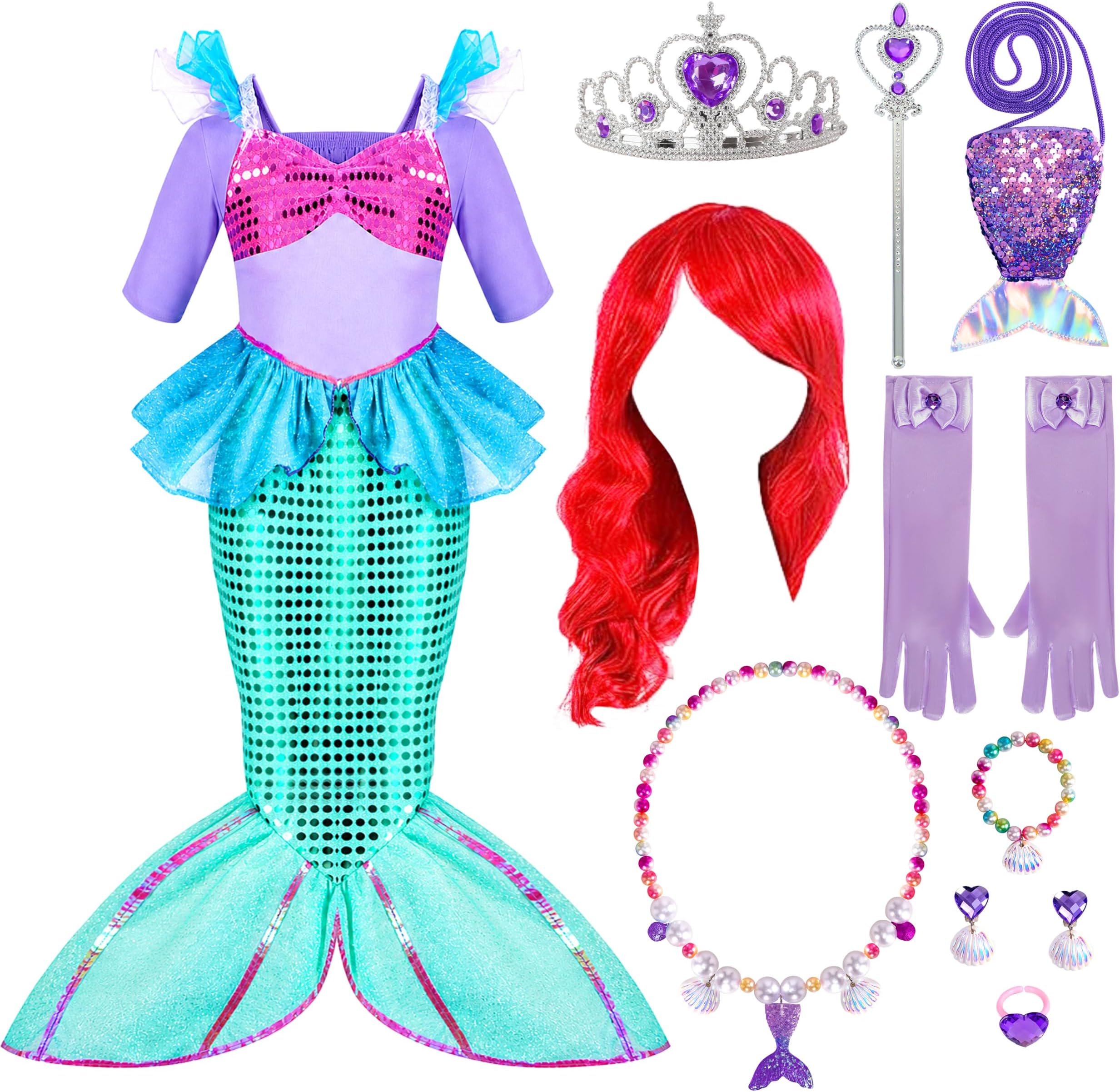 Spooktacular Creations Halloween Little Mermaid Costume for Girls, Sequin Mermaid Dress Set, Light Purple Princess Dress for Toddler Dress-Up, Cosplay Party (Small, 5-7 yrs)