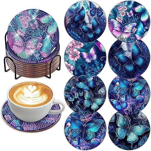 8 piezas de posavasos de pintura de diamante de ángel de acuarela con soporte, posavasos de arte de diamante de ángel con bases de corcho para