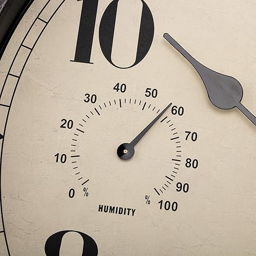 Miniatura 5 de Foxtop Reloj de pared impermeable para interiores y exteriores con termómetro e higrómetro, 12 pulgadas, retro, silencioso, sin tictac, funciona con