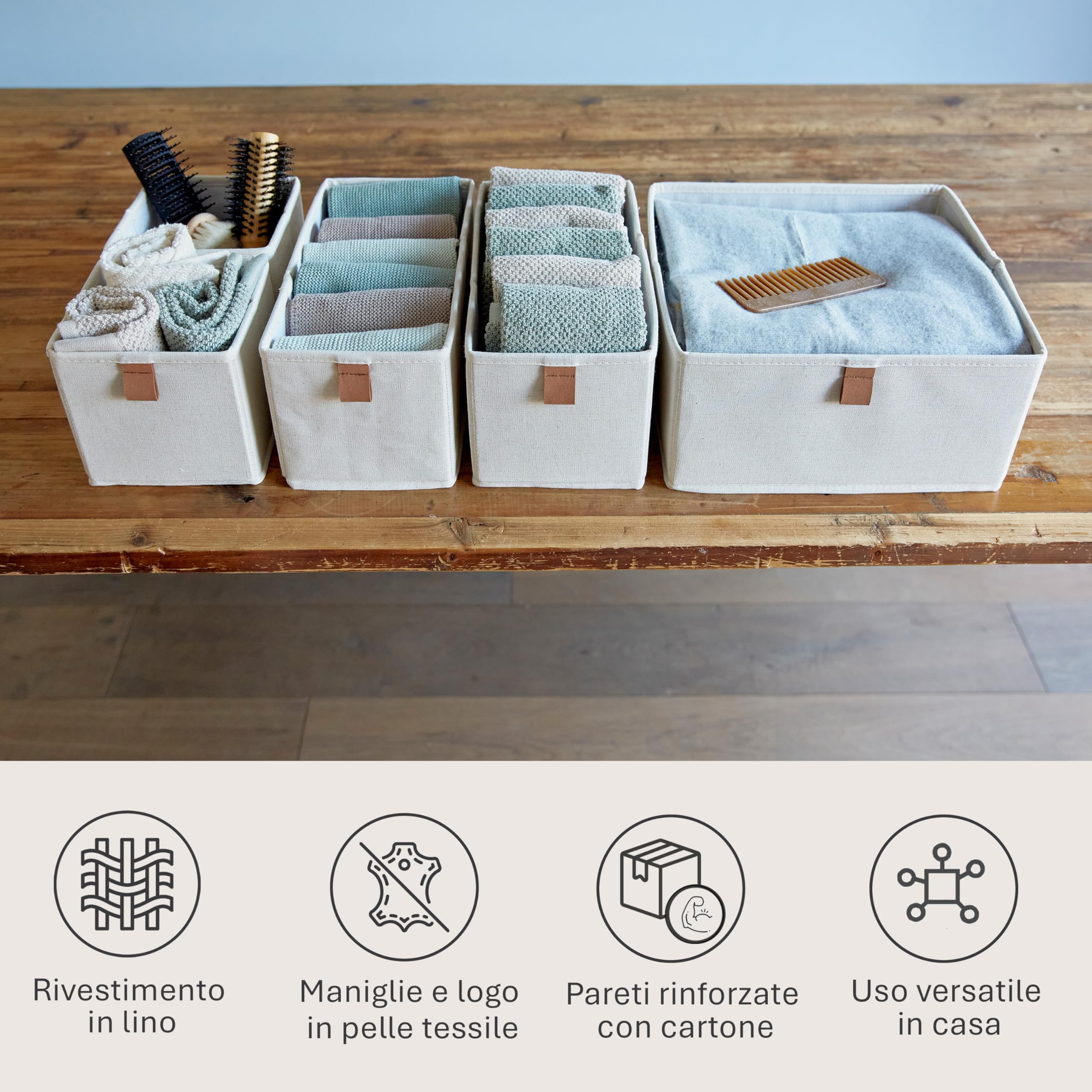 LOVE IT STORE IT Premium Set di 5 Organizer per Cassetti in Tessuto Lino-Cotone - Contenitori Pieghevoli e Rinforzati per Armadi - Beige