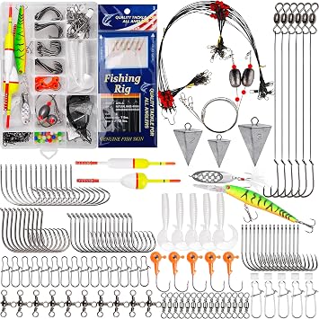Saltwater Fishing Gear, 180pcs Saltwater Surf Fishing Tackle Kit Saltwater Fishing Lures Fish Finder Rigs Pompano Rig Pyramid Sinker Spoons Fishing Hooks Leaders Swivel Bobbers Various Accessories