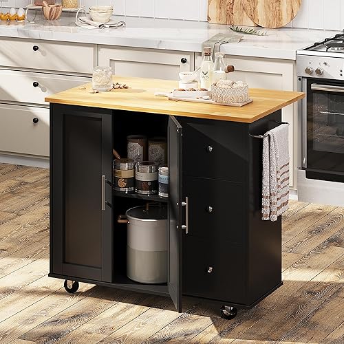 Miniatura 10 de Shintenchi Pequeña isla de cocina con ruedas con estante de especias lateral de 3 niveles y parte superior de madera de goma, carrito con armario de