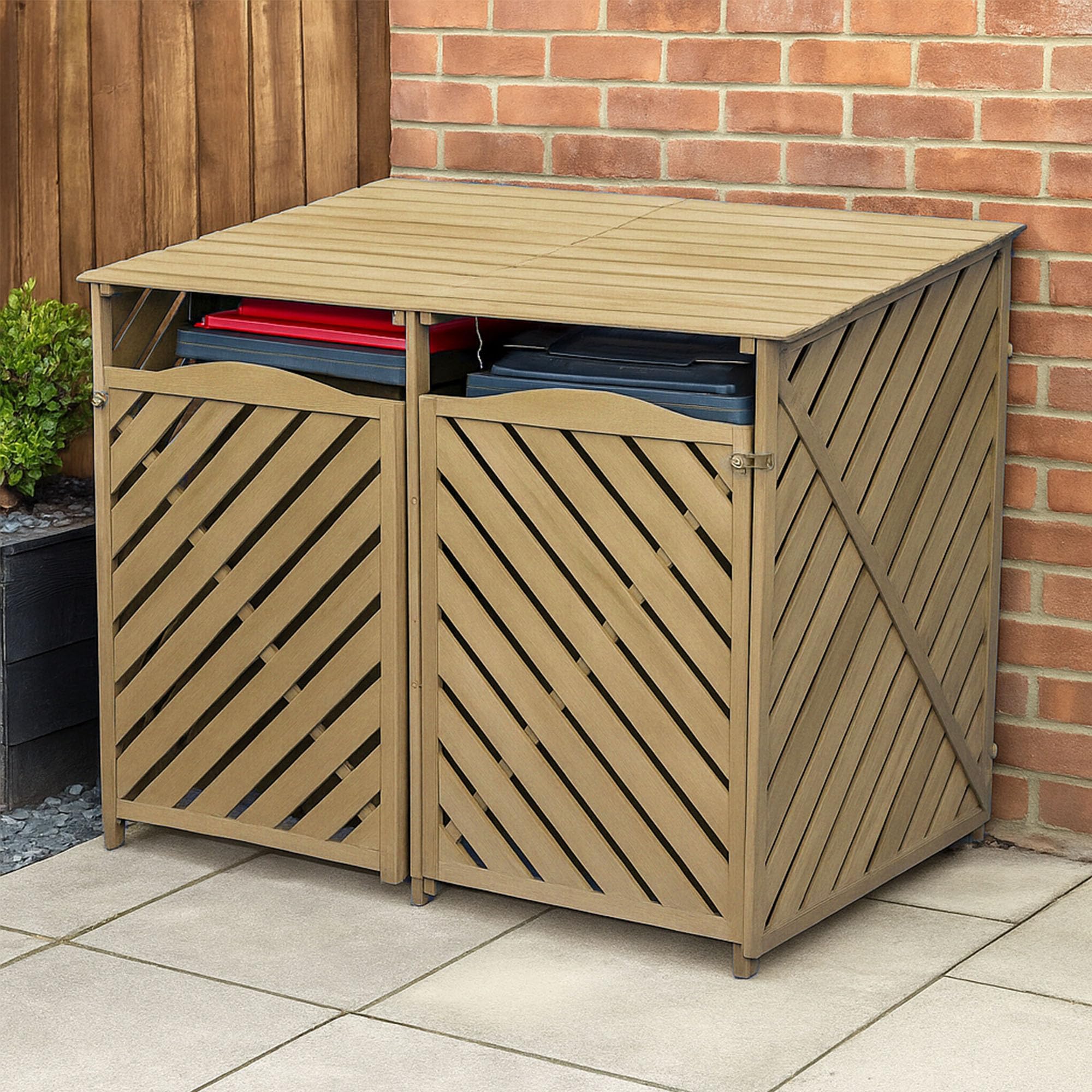Double 2x Wooden Wheelie Bin Storage for Standard 240L / Large 360L Natural