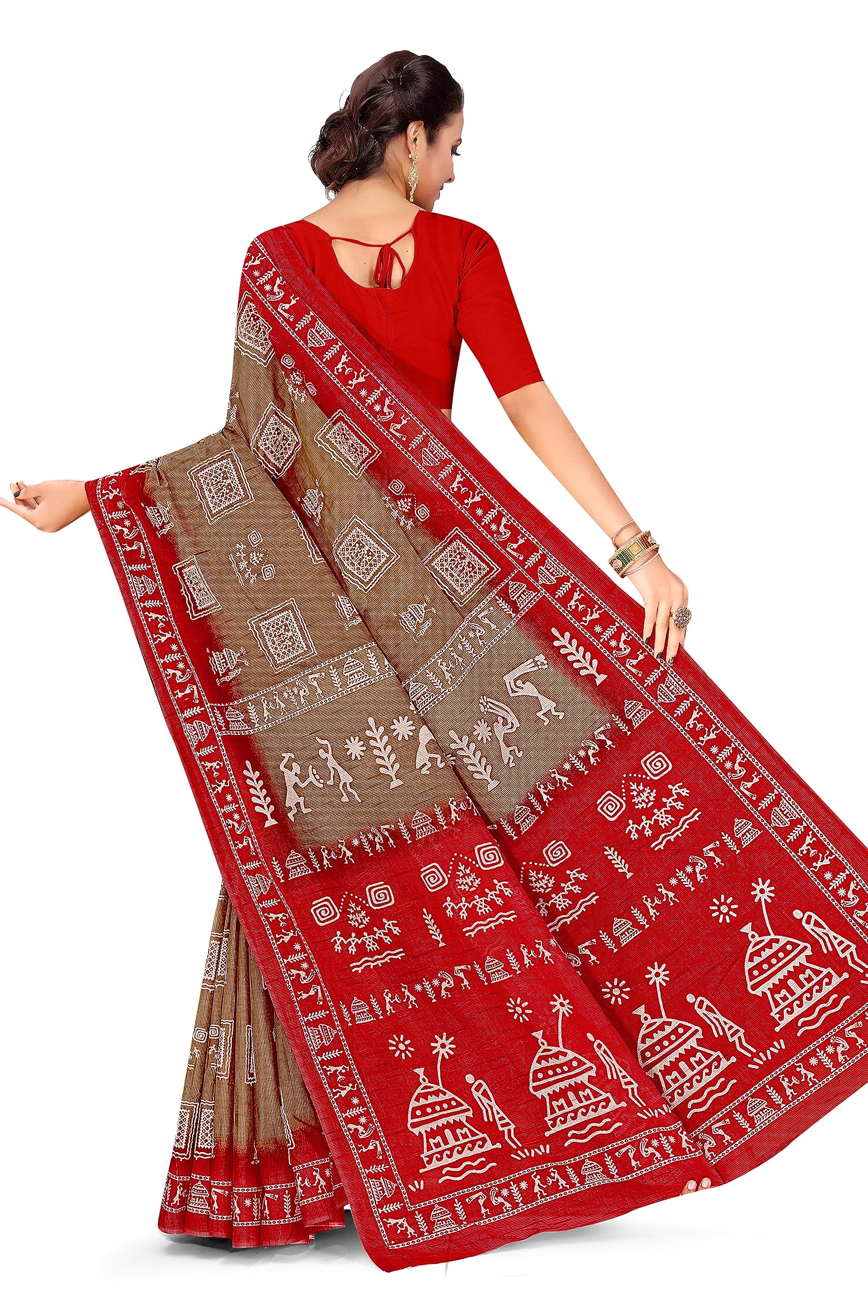 Tamaira Fashion Women's Warli Print Pure Cotton Saree Without Blouse Piece(2467_Coffee)