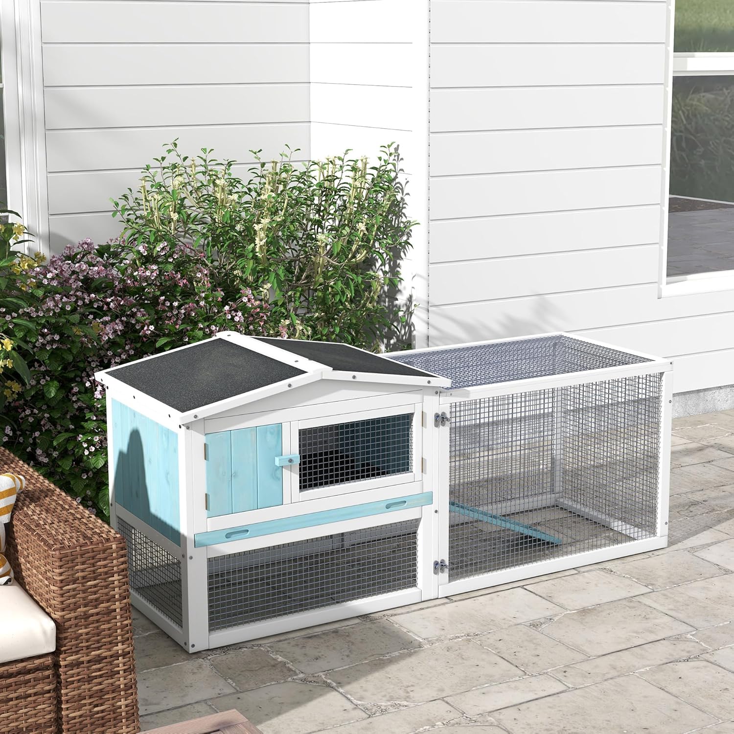 Natural Wood and Wire Outdoor Rabbit Hutch with Run