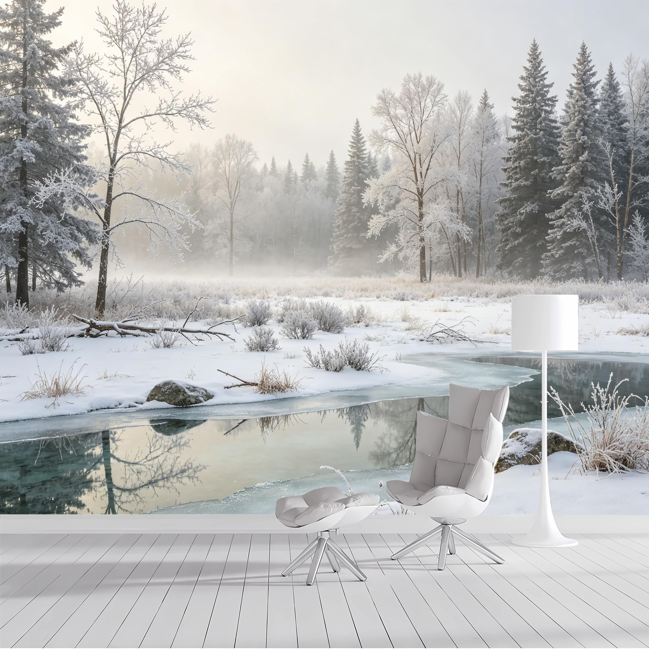 Custom Size Wall Mural Frosted Winter Landscape River Snow Trees Mist Panoramic View SelfAdhesive Wall Fabric Removable Peel and Stick Wallpaper Wall Decor for Living Room Bedroom Bathroom