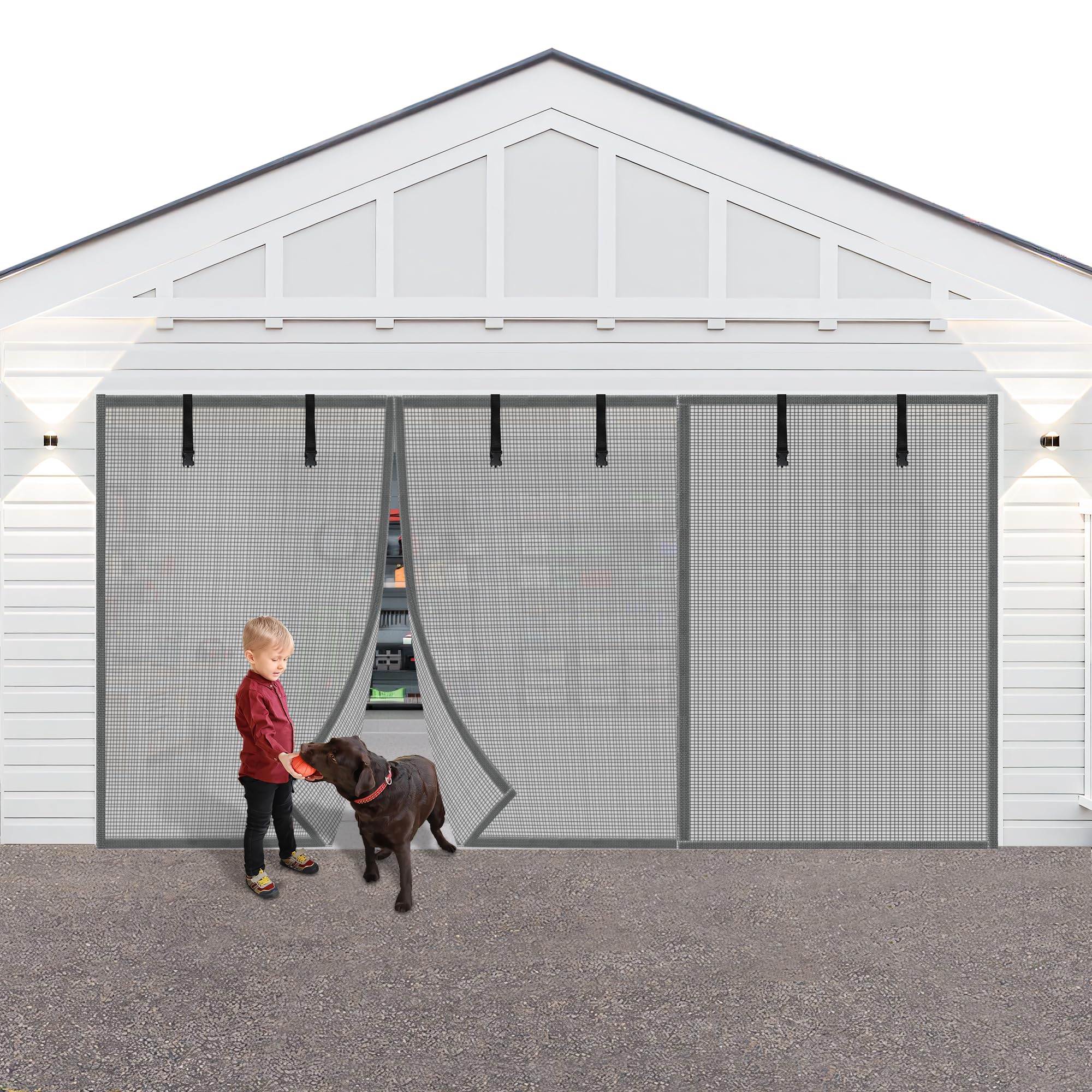 LIAMST Privacy Garage Door Screen Blackout for 2 Car Garage-16x10FT Privacy Silver Grey Heavy Duty Magnetic Garage Screen, Hands Free, Magnetic