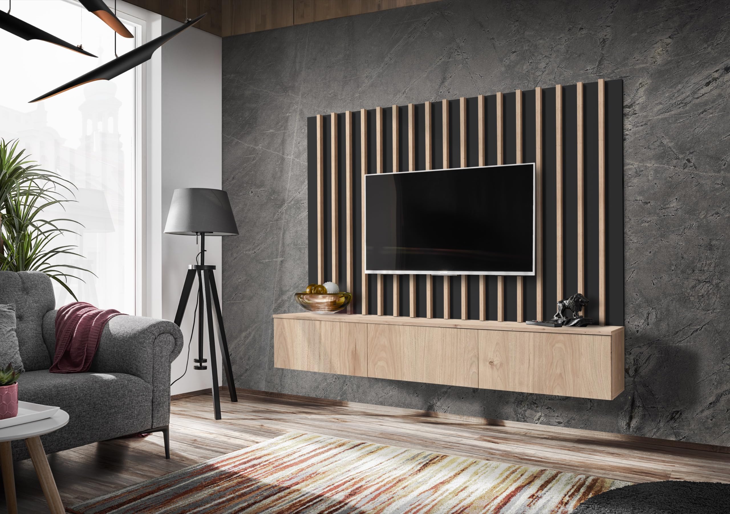 ARREDO DA CASA Parete Attrezzata Soggiorno Design Moderno con Pensile Orizzontale Sospeso con 3 Sportelli Arredamento per Salotto Rovere e Nero PAP154