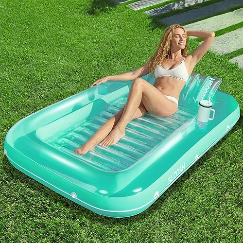 Miniatura 17 de Flotador inflable para piscina de bronceado Sloosh, 70" x 46" flotadores de piscina, tamaño adulto con almohada, 4 en 1 balsa de baño de bronceado,
