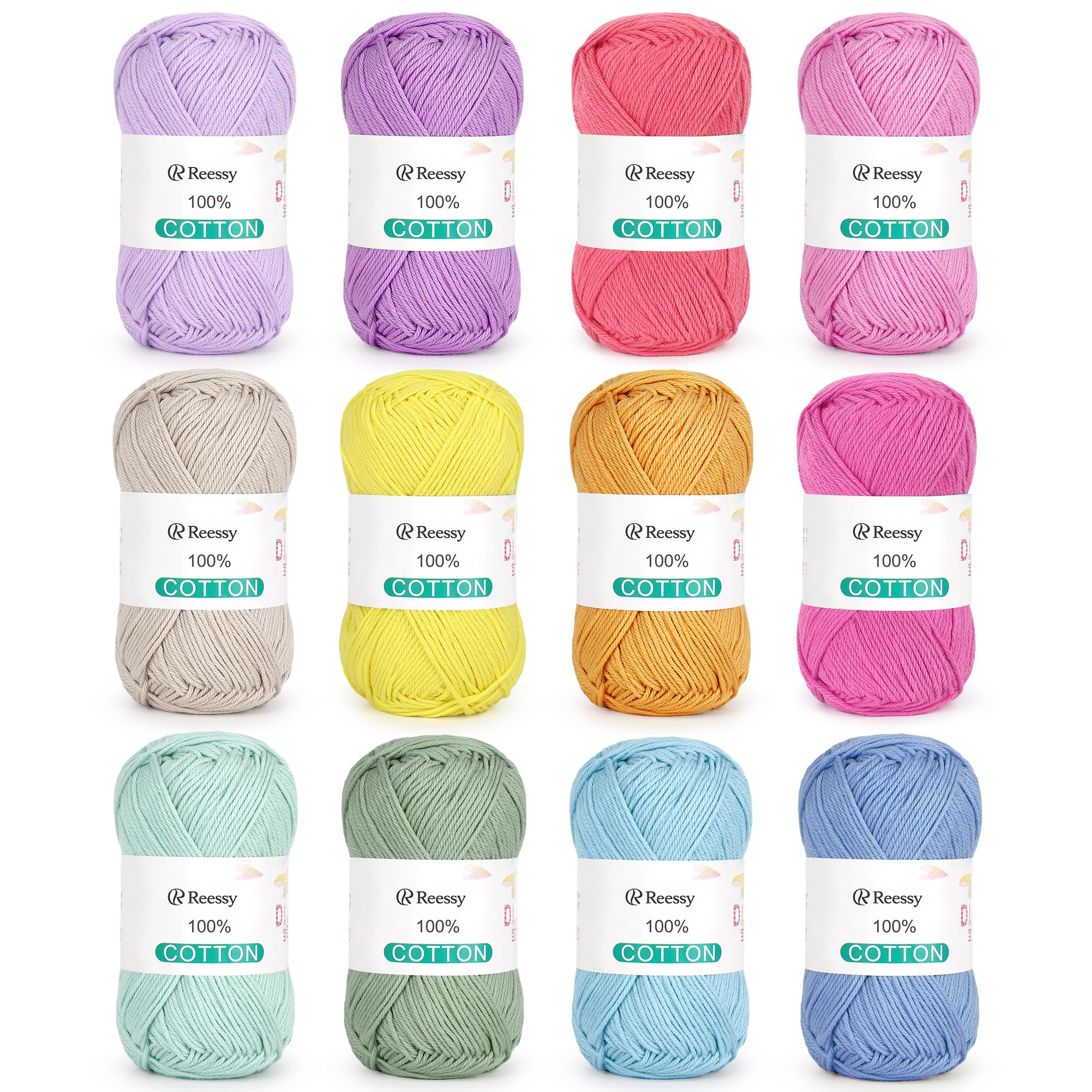 Reessy 100% Cotton Yarn - 12 Skeins(50g Each, 600g Total), Multi Coloured Double Knitting Wool Yarn Set, Soft 4 Ply Cotton Yarn for Crocheting and Knitting Amigarumi, Dishcloths, Colorful Crafts — image 1