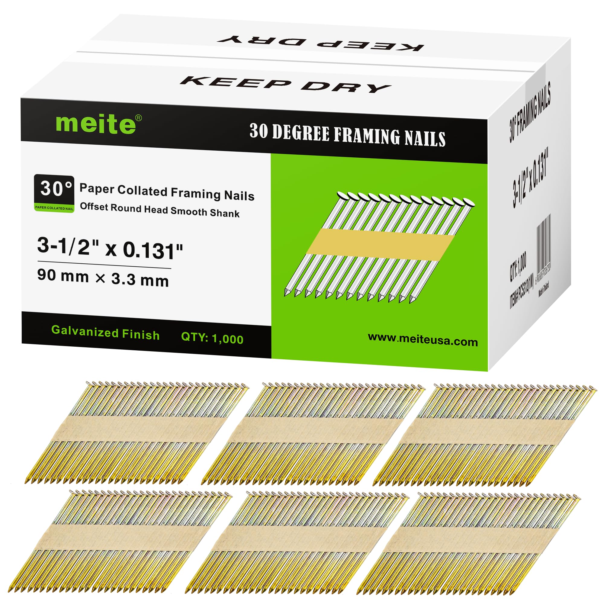 meite 30 Degree Framing Nails 3-1/2 Inch x .131-Inch, Electro-Galvanized Coated, Paper Tape Collated, Offset Round Head Smooth Shank Framing Nails for