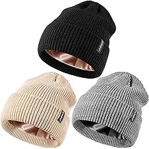 3 Pack Satin Lined Beanie for Women Men, Silk Lined Winter Hats for Cold Weather, Warm Cable Knit Skull Cap Cuffed Beanies
