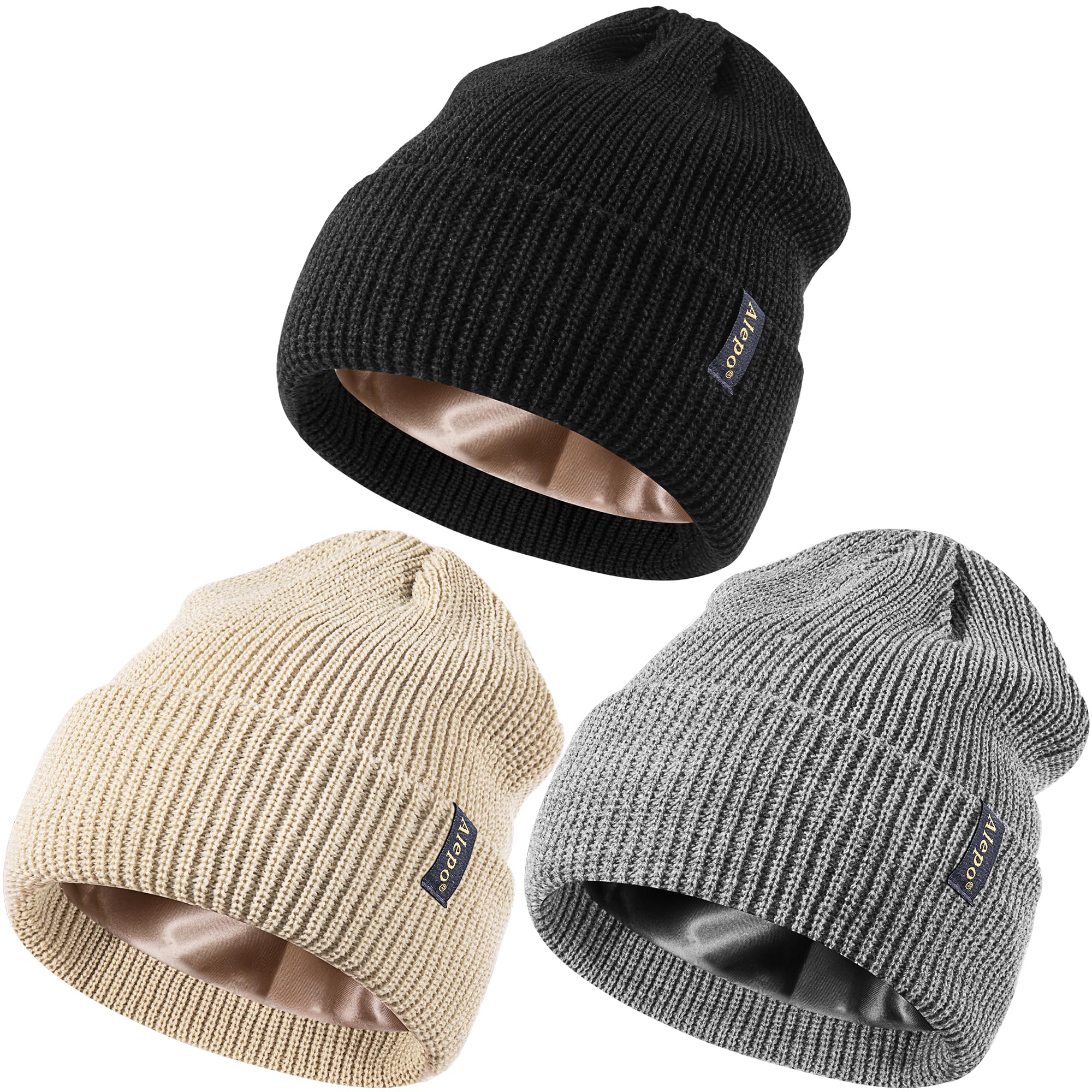 3 Pack Satin Lined Beanie for Women Men Silk Lined Winter Hats for Cold Weather Warm Cable Knit