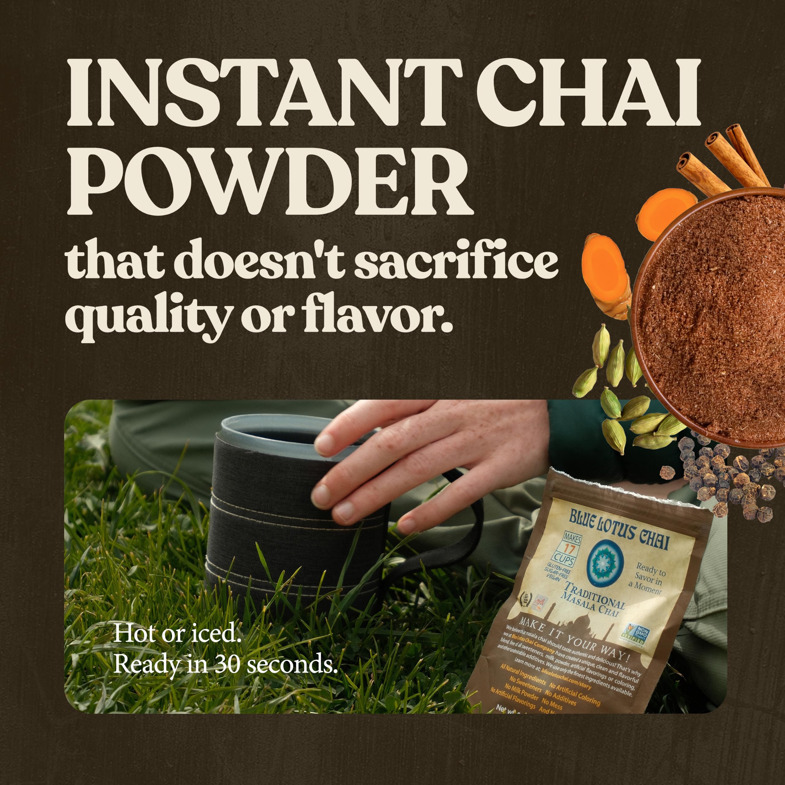 Blue Lotus Chai - Traditional Masala Chai - Makes 100 Cups - 3 Ounce Masala Spiced Chai Powder with Organic Spices - Instant Indian Tea No Steeping - No Gluten thumbnail 3