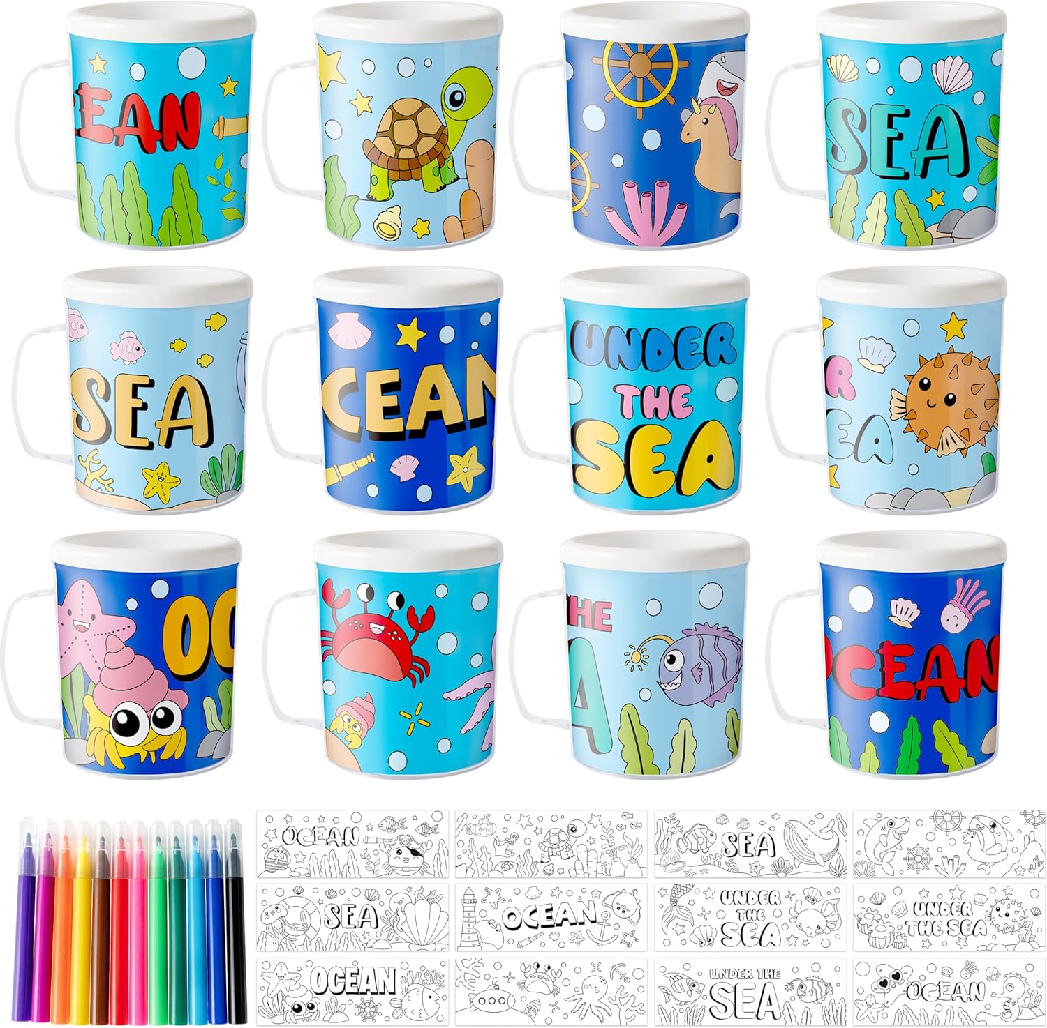 Ocean Animals Color Your Own Mugs for Kids - 12Pcs Under the sea Bulk 8oz Personalized Coffee Mugs with 36Pcs Insert Paper DIY Plastic Cups for Christmas Winter Party School Home Activities Supplies