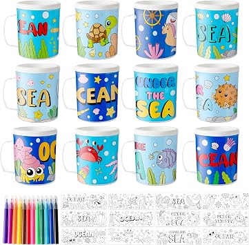 Ocean Animals Color Your Own Mugs for Kids - 12Pcs Under the sea Bulk 8oz Personalized Coffee Mugs with 36Pcs Insert Paper DIY Plastic Cups for Christmas Winter Party School Home Activities Supplies