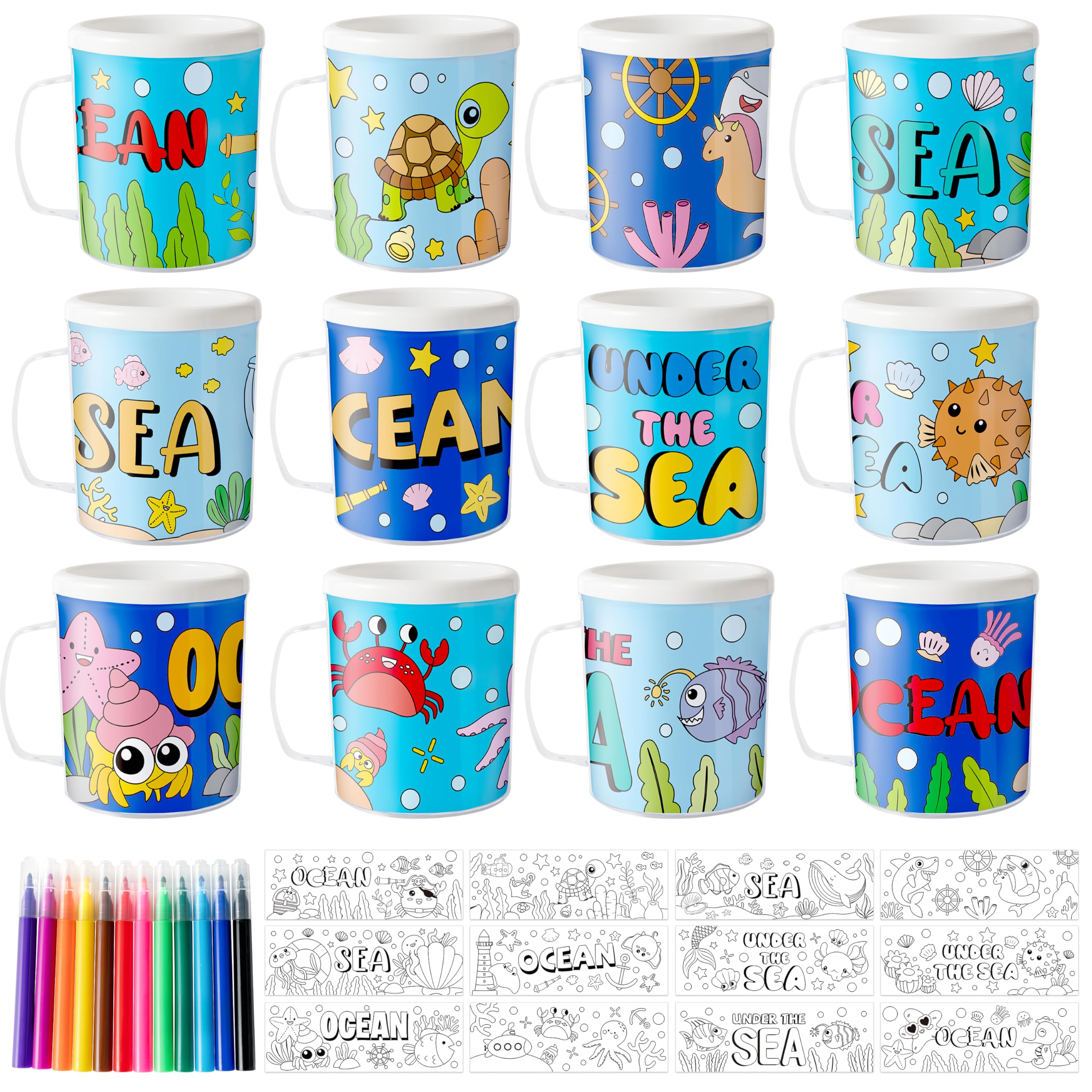Ocean Animals Color Your Own Mugs for Kids - 12Pcs Under the sea Bulk 8oz Personalized Coffee Mugs with 36Pcs Insert Paper DIY Plastic Cups for