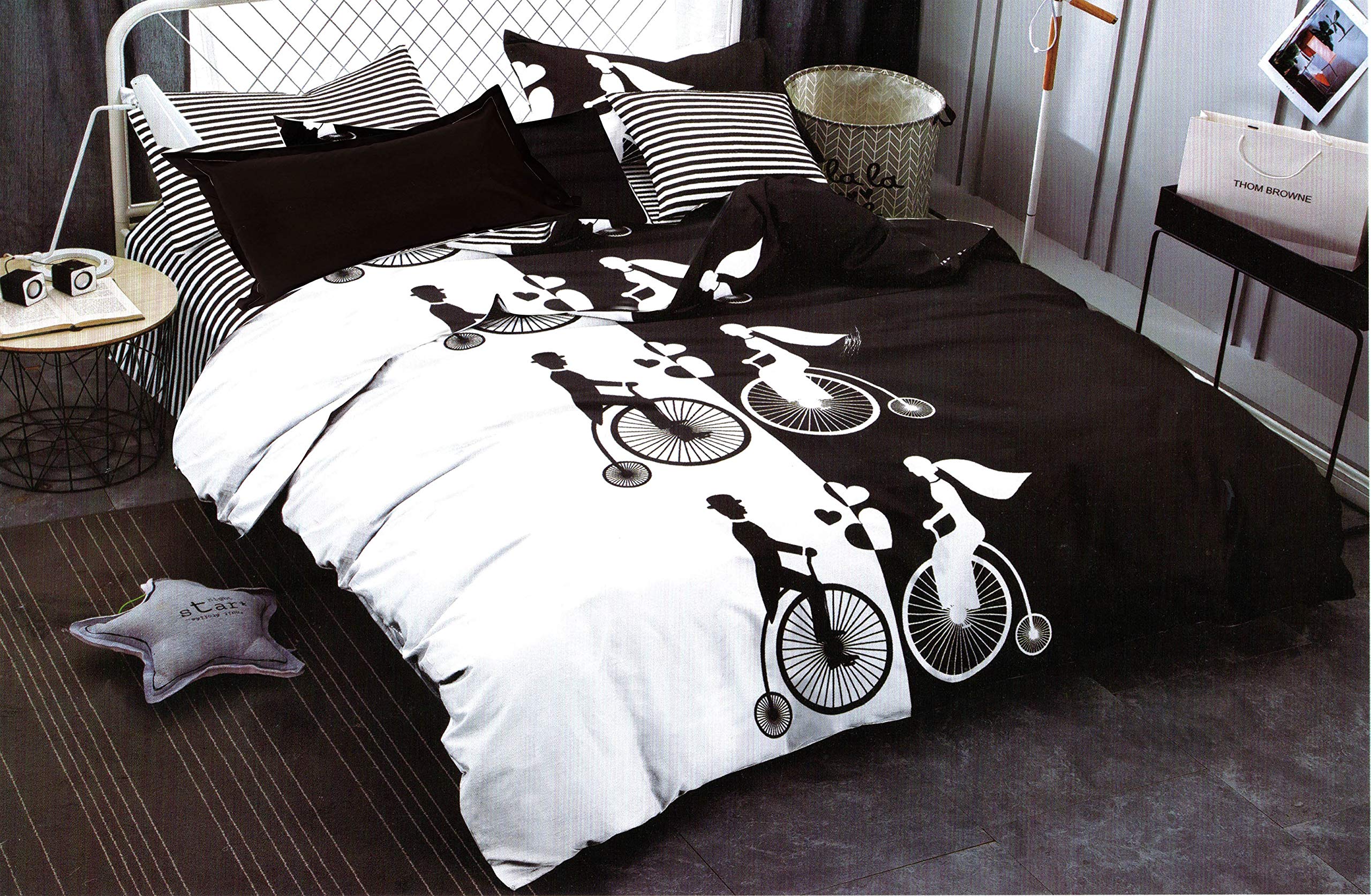 Housse de couette lit double et taies d'oreiller bicolores noir et blanc pour lit King size