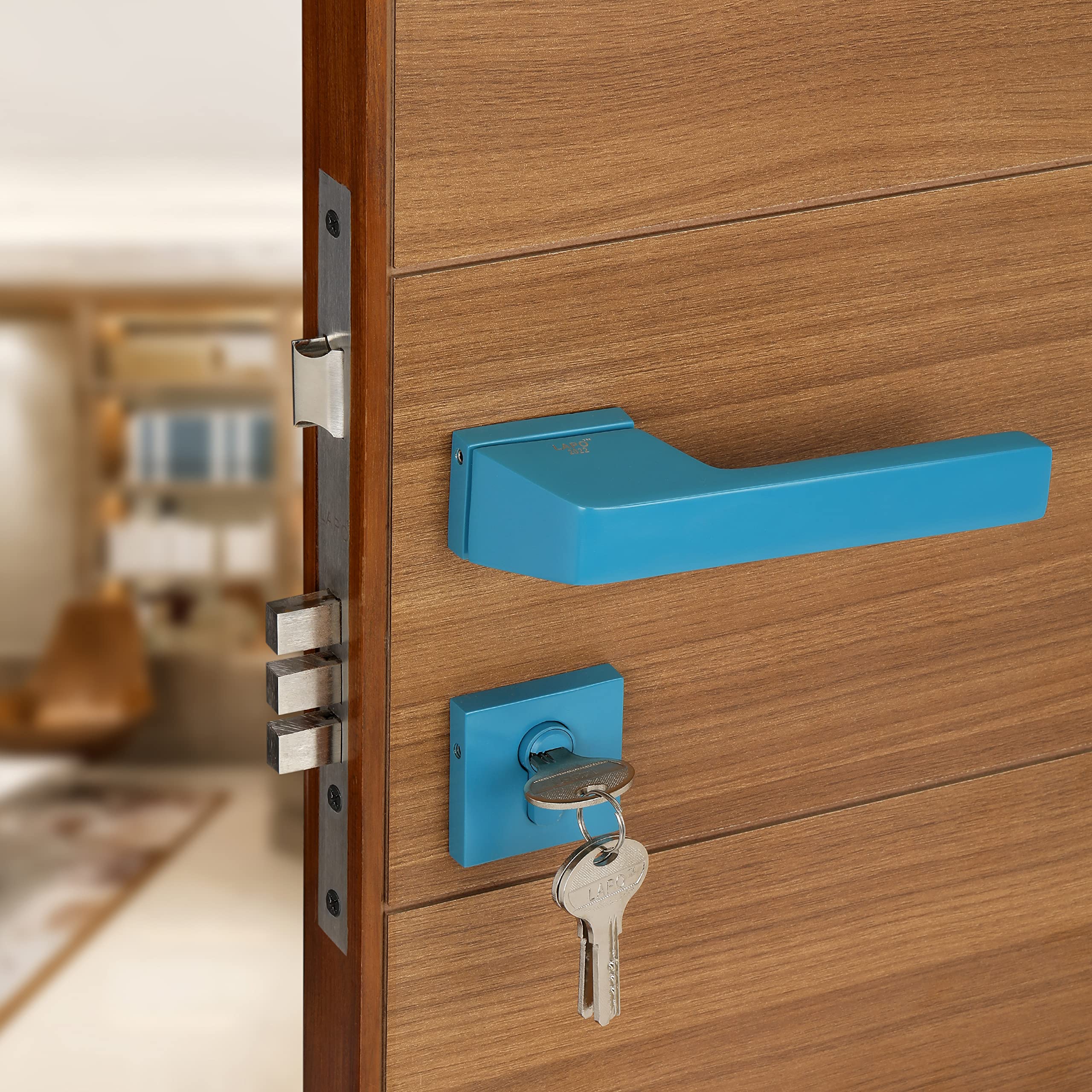 LAPO Heavy Duty Mortise Main Door Lock,Bedroom Door Lock Set with 4 Latches and Pull Handles for Home,Hotels,Office | Blue Finish | 3 Years Warranty Ro-154 (B09Z81K81T) Amazon Price History, Amazon Price Tracker