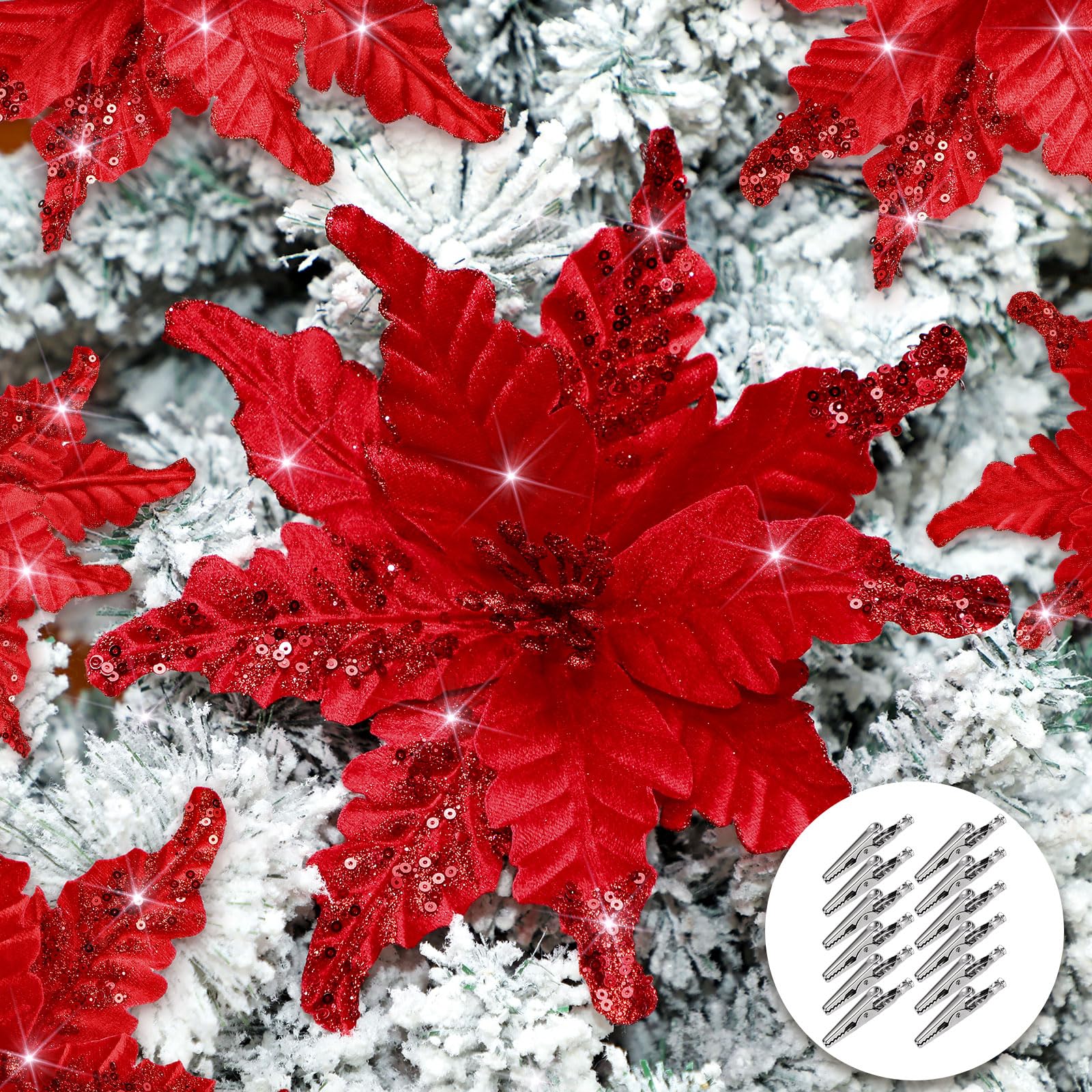12 flores de Navidad artificiales de tela con purpurina de 10 pulgadas con clips, adornos de árbol de Navidad de cabeza grande con tallos para bodas, fiestas (rojo)