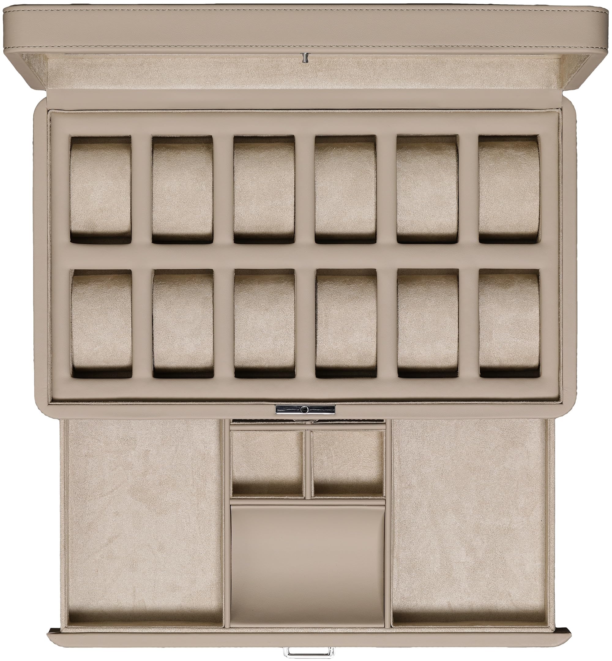 ROTHWELLROTHWELL Luxury Watch Box for 12 Watches – PU Leather Watch Box with Real Glass Lid – Slide out Accessory Drawer with Multiple Compartments (Oatmeal)