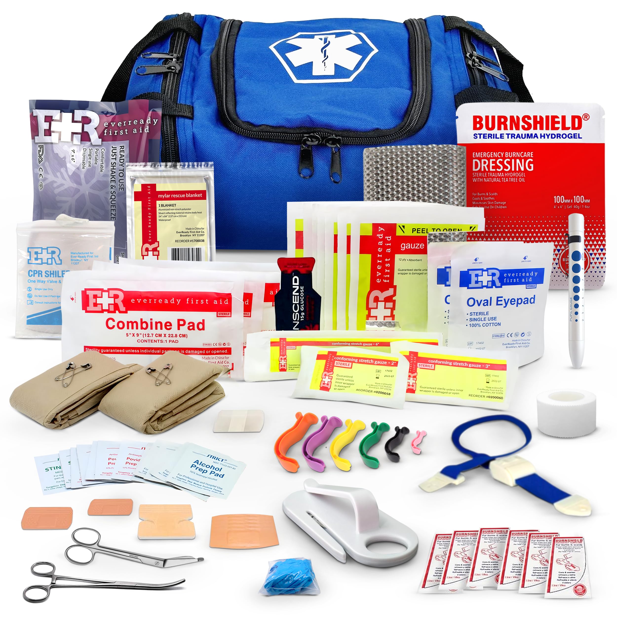 Fully Stocked Trauma First Aid Kit – First Responder II Bag with Tools, Gauze, Bandages, Scissors & Gloves – Compact & Portable – OSHA and ANSI Compliant – Blue