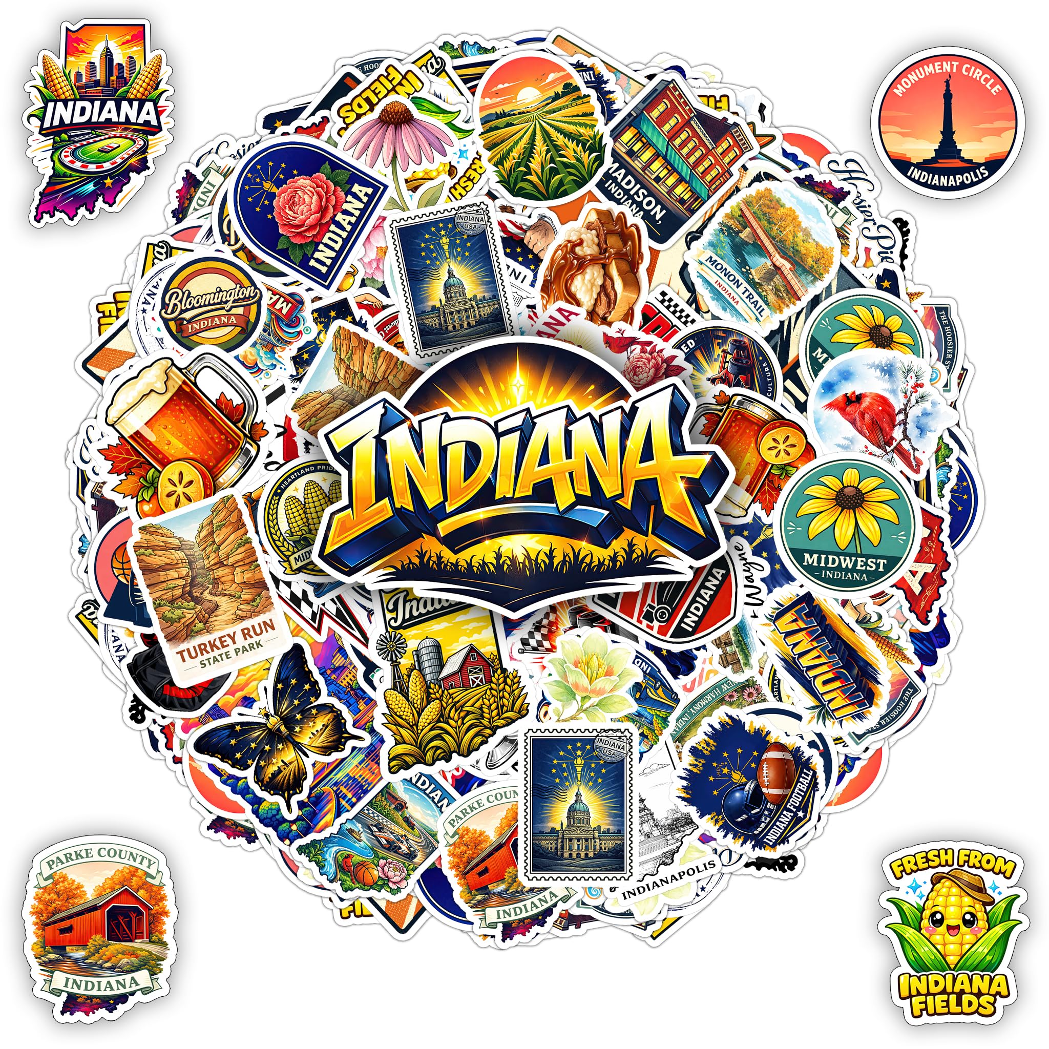 Zestaw 100 naklejek z motywem Indiany, podróż stanowa, winylowa wodoodporna naklejka, Midwest, natura, mapa jedzenia, grafika do samochodu, laptopa, butelki wody, scrapbookingu, prezenty dla
