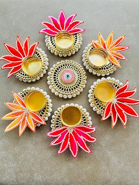 Lazybeee 7Pcs Pearl Ring Tealight With Multi-Color Flower & Evil Eye Center Piece Set for Diwali & Navratri | Traditional Candle Holders for Festive Decor | Decorative T-Light Stands for Pooja & Decor
