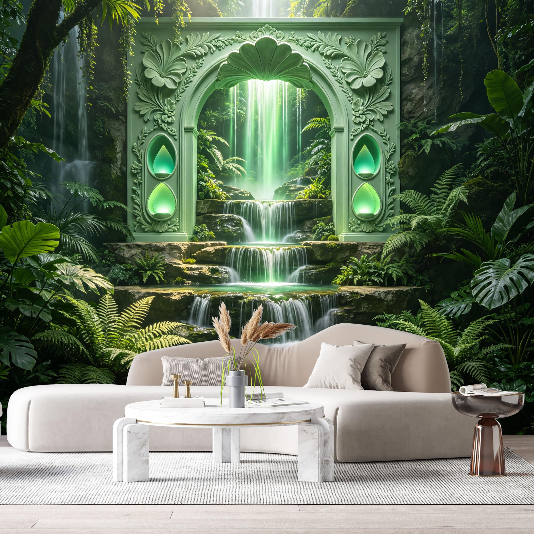 Custom Size Wall Murals Jungle Tropical Waterfall Emerald Arch 3D Trompe L'Oeil SelfAdhesiveWall Fabric Removable Wallpaper Wall Decor for Living Room Bedroom Bathroom