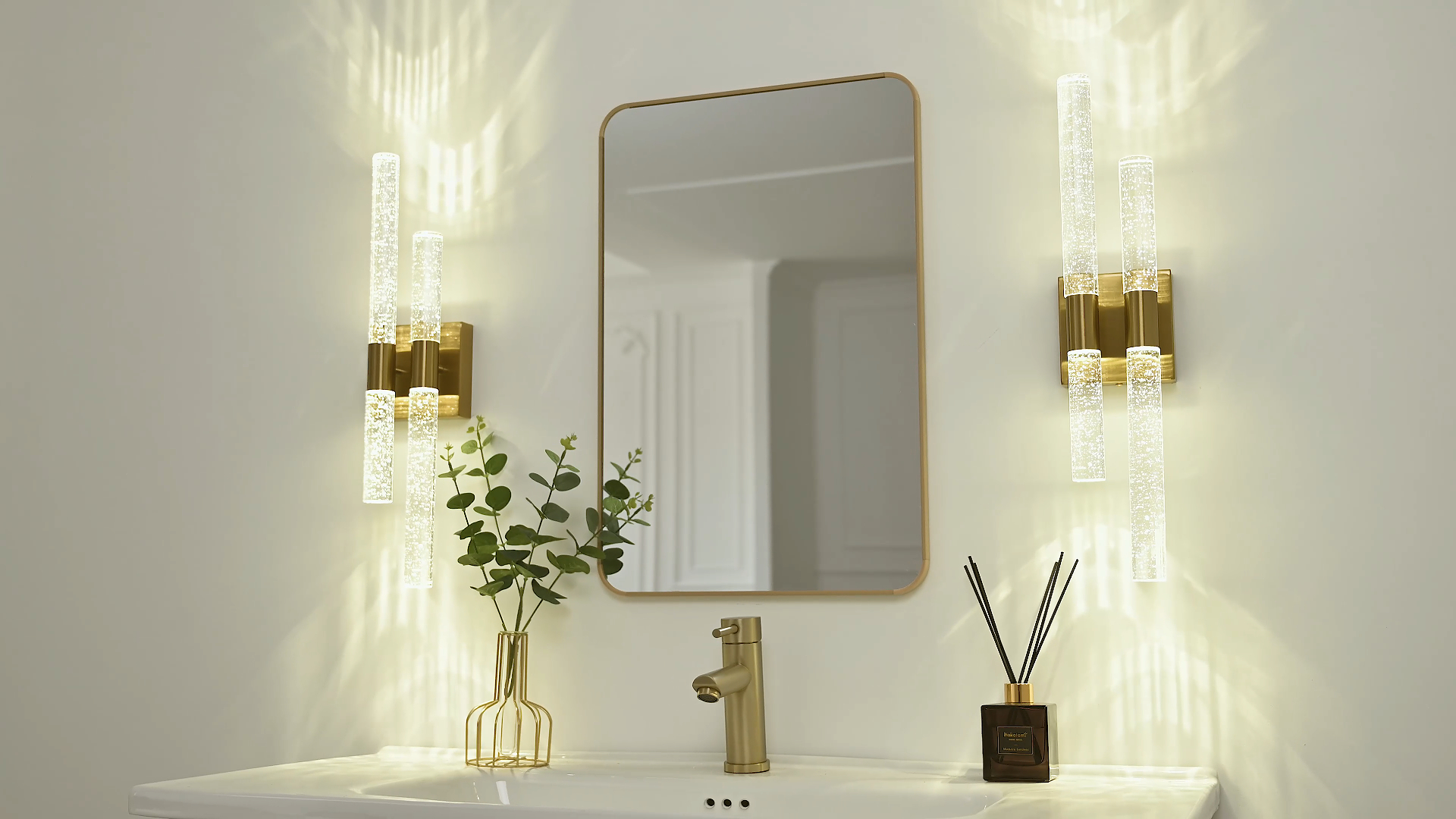 Image of Crystal Wall Sconces Set of Two LED Bathroom Vanity Light Fixtures Gold 21.25in 4000K Vertical and Horizontal Wall Mounted Sconces for Bedroom, Living Room, Hallway