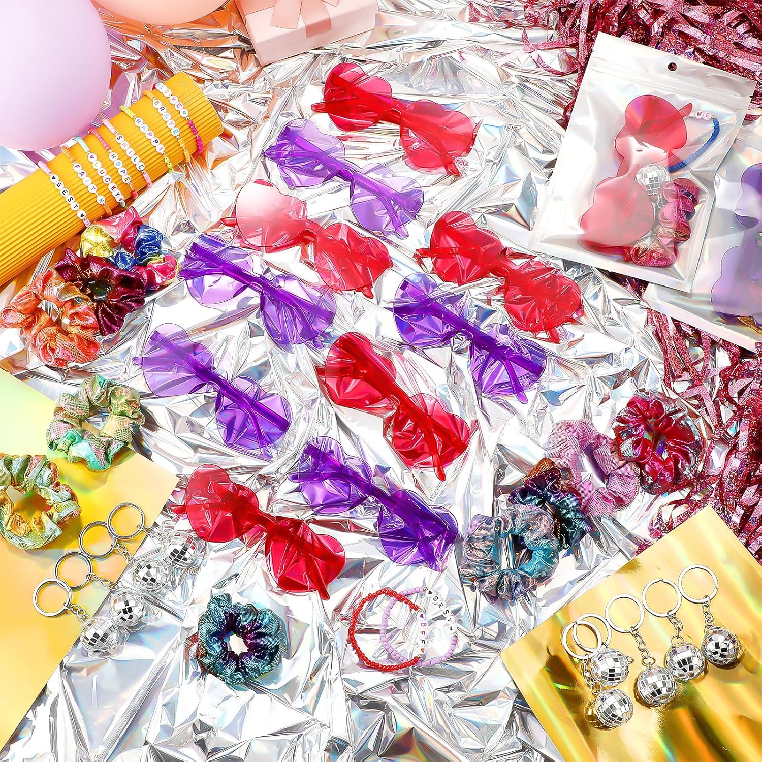 Geiserailie 60 Pcs Kpop Party Favors Popular Singer Supplies Friendship Bracelets Disco Keychain Sunglasses Holographic Scrunchie Set Bags 12 Set Friendship Gifts for Kpop Fans Women(Multicolored) - Image 4