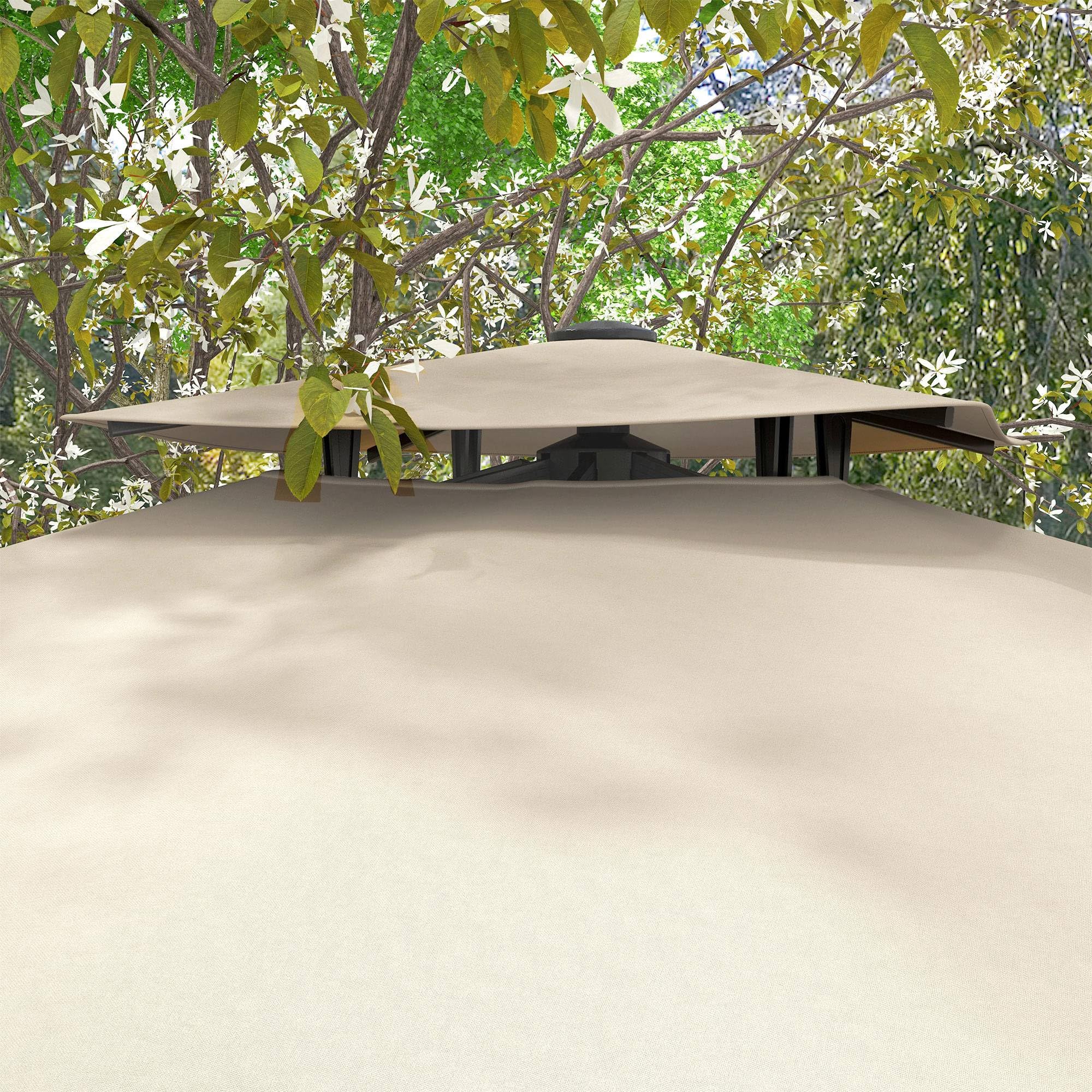 Outsunny Sombrilla de Terraza Exterior 300x300 cm de Aluminio Caqui | Con Manivela, Poste Giratorio 360°, Doble Techo, Inclinable en 6 Posiciones, Base Cruzada Incluida