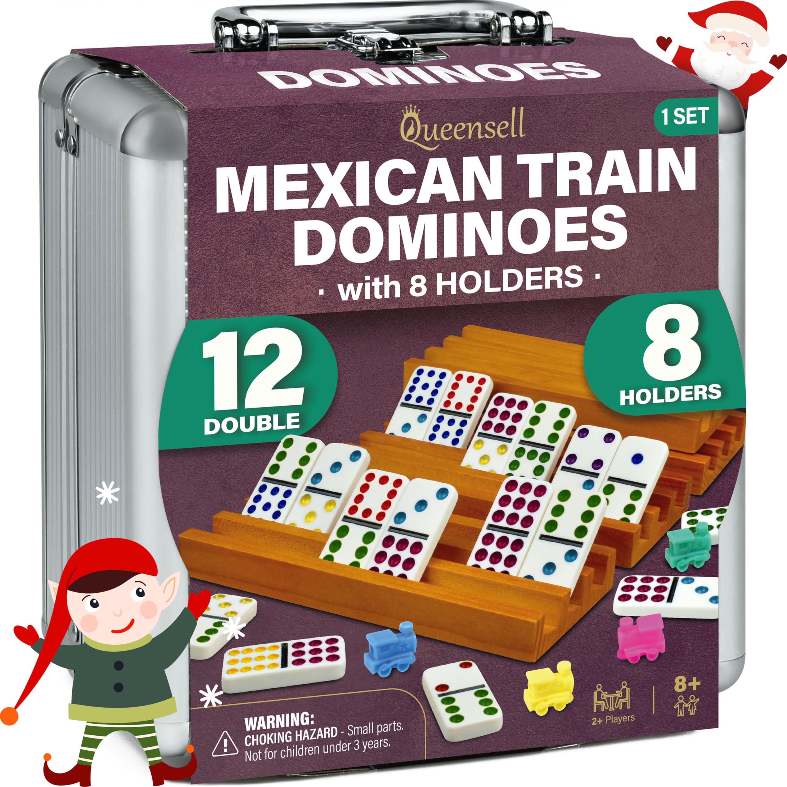 Queensell Mexican Train Dominoes Set with 8 Holders - Wooden Hub and Tiles Holders - Double 12 Tiles with Dots (D12 + 8 Holders)