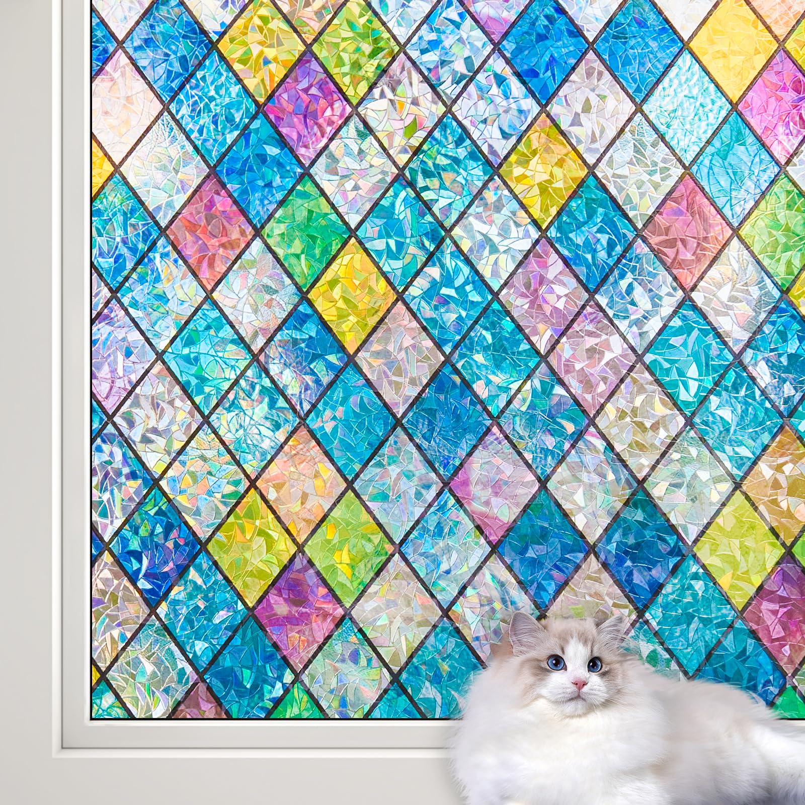 LEMON CLOUD Stained Glass Window Film,Rainbow Window Privacy Film,Colorful Decorative Window Film,Static Cling Window Covering Film for Home (Lattice,17.5 x 157.4 Inch)