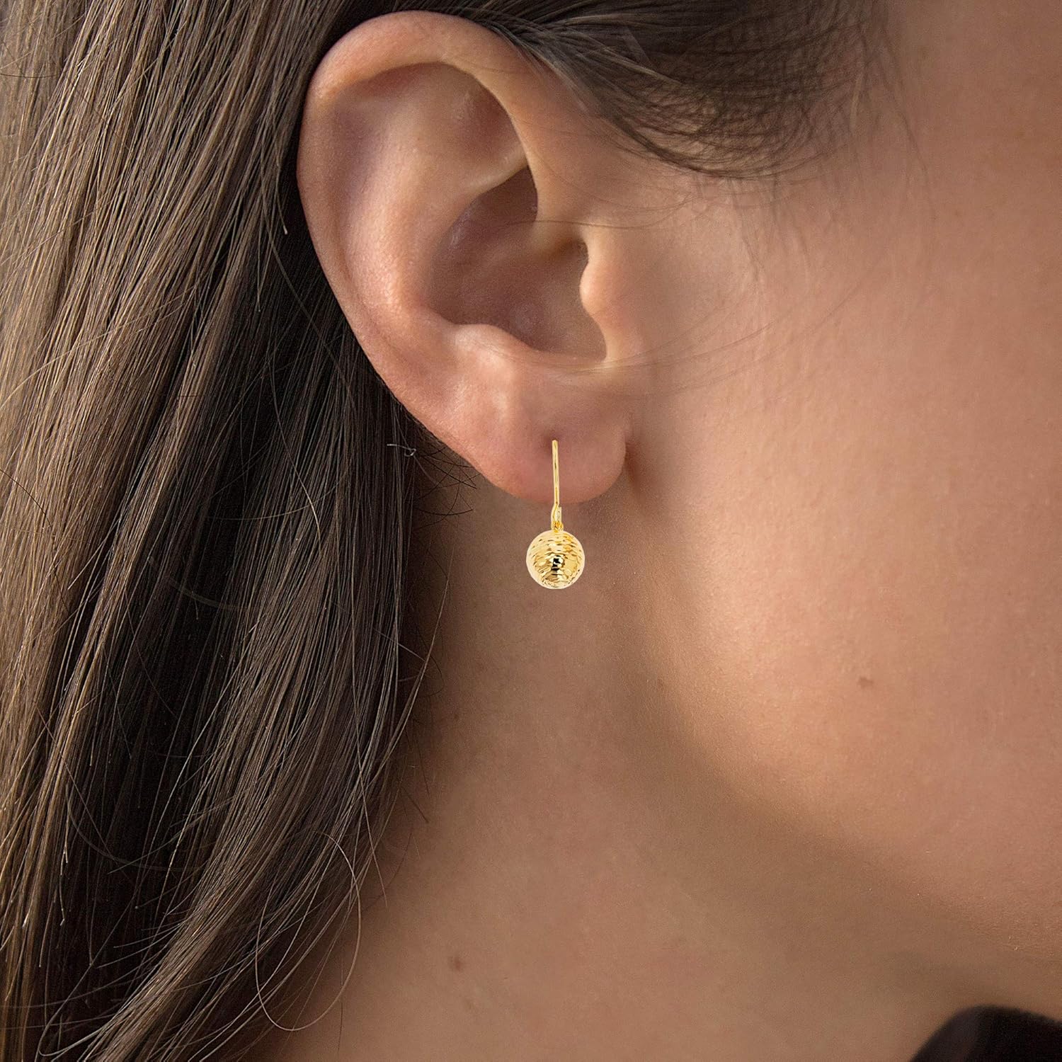 14K Gold Diamond Cut 8mm Ball Fish Hook Dangling Earrings For Women - Image 3