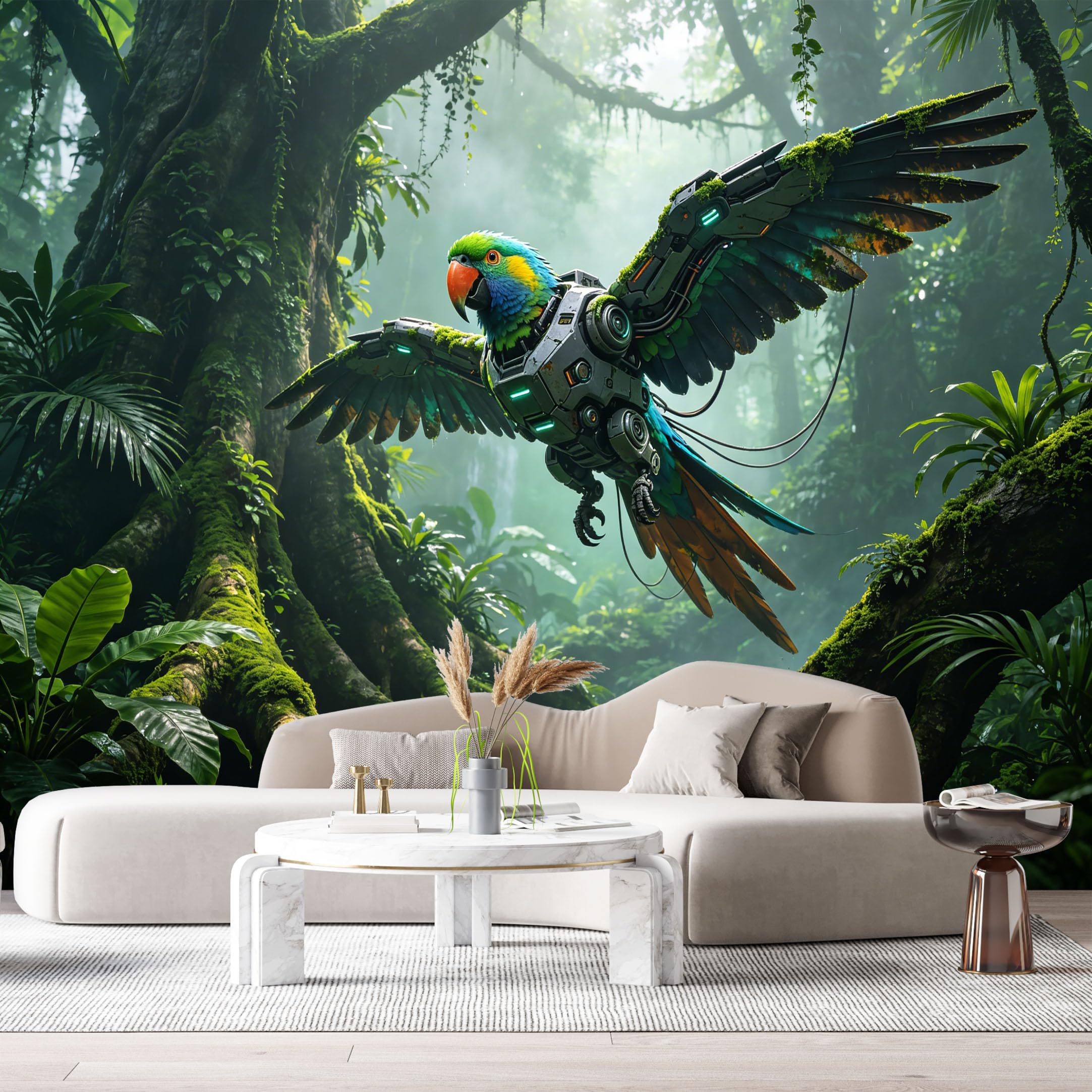 Custom Size Wall Mural Mechanical Parrot Jungle Cyber Bird Futuristic Nature Mech SelfAdhesive Art Prints Removable Large Wallpaper Boy Bedroom Esports Room Game Room Tenant Room Studio
