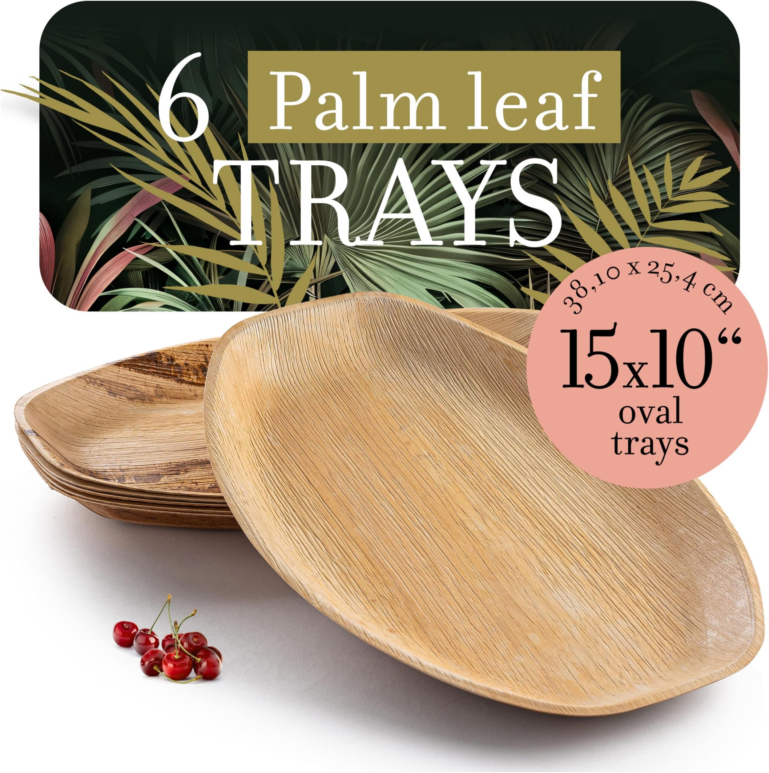 brheez Disposable Bamboo Look - Pack of 6 Oval Serving Platters - 15"x10" Made From All Natural Sturdy Biodegradable and Compostable Palm Leaf - Serving Boats, Serving Trays