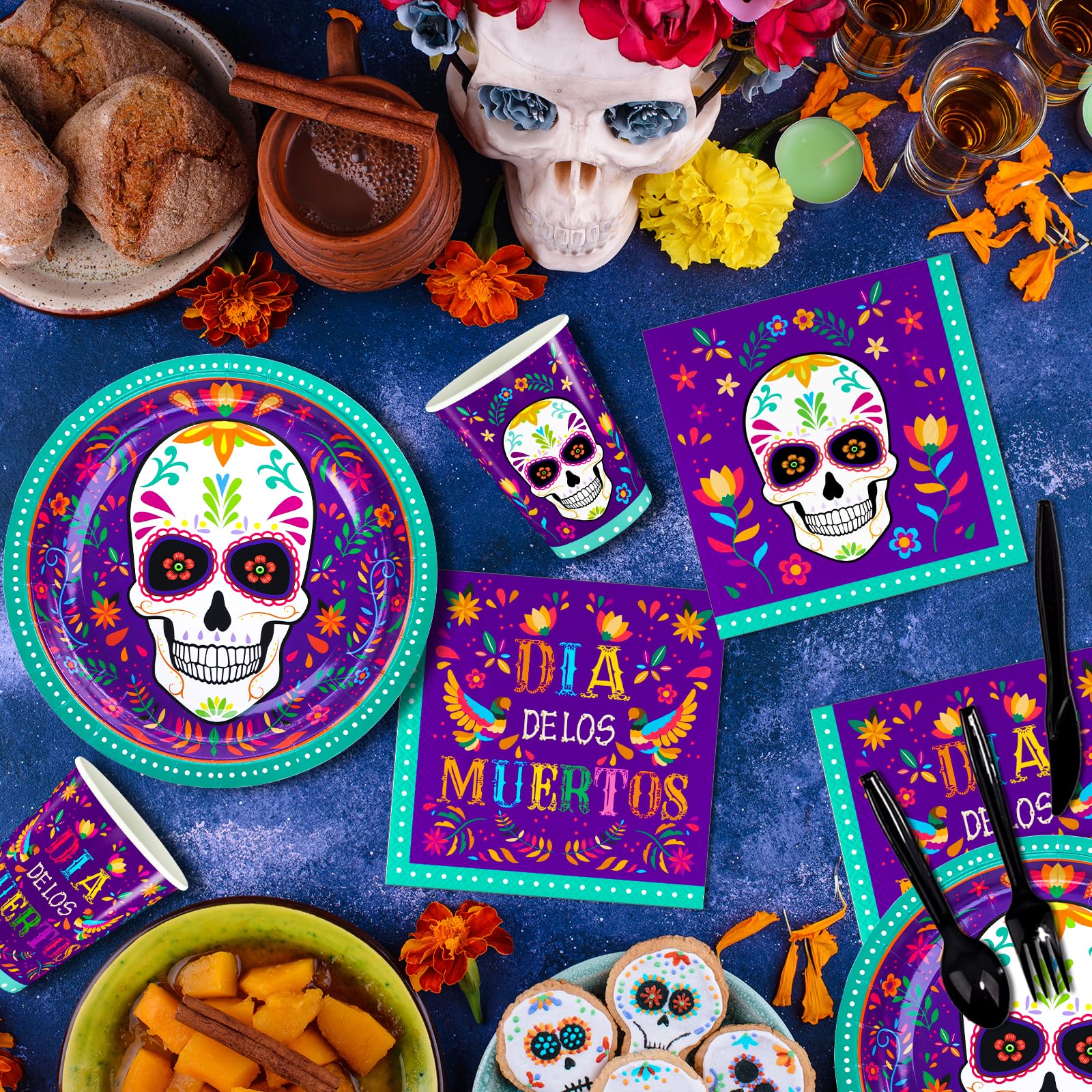 Déco Table Jour Des Morts - 64 Pièces : Assiettes, Serviettes, Gobelets En Carton Tête De Mort - Fête Halloween - 7