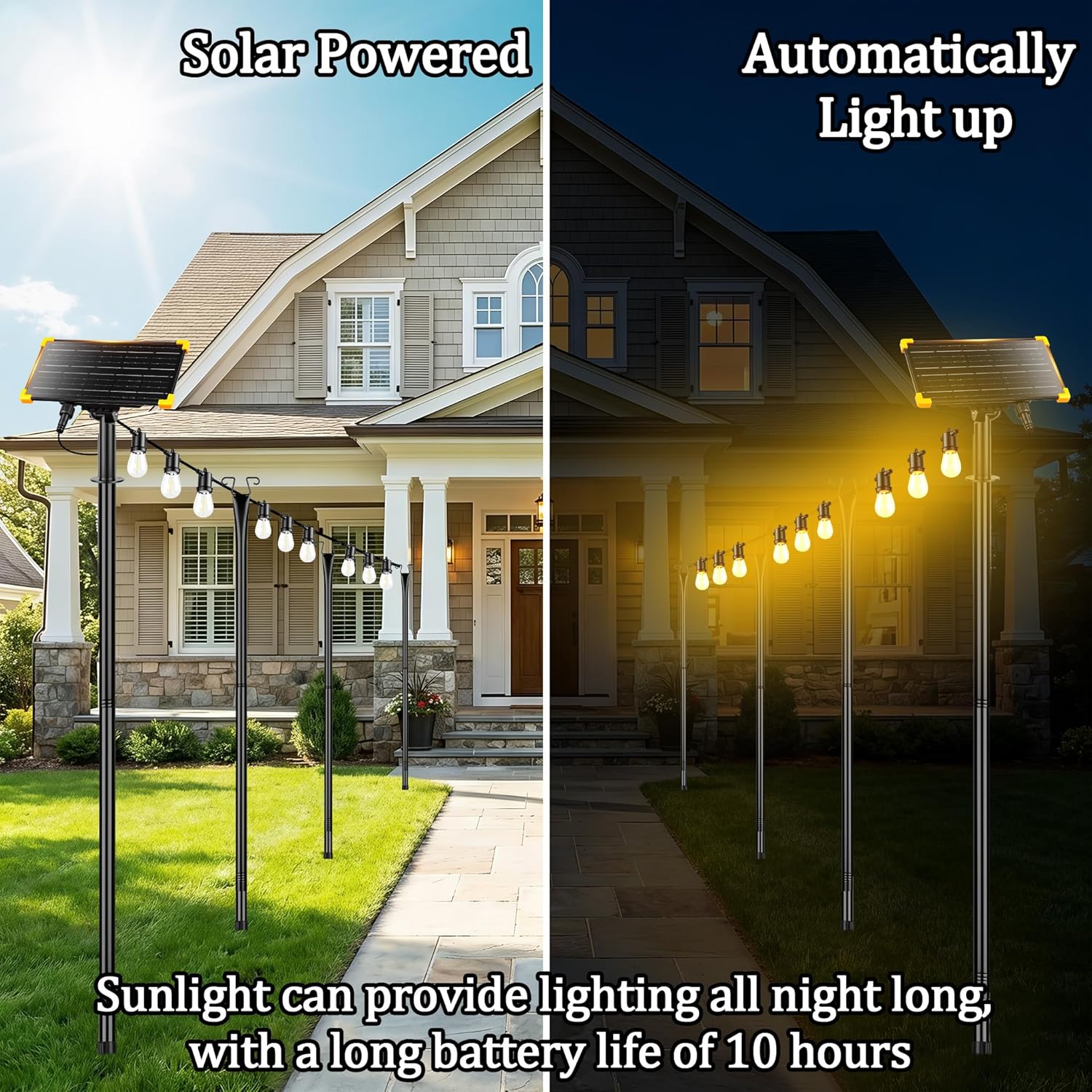 4 Pack Outdoor String Light Poles with Solar Panel & 590 Inch LED String Lights, Heavy Duty Metal Light Pole for Patio, Backyard, Garden, Wedding, Party & Front Porch Decor