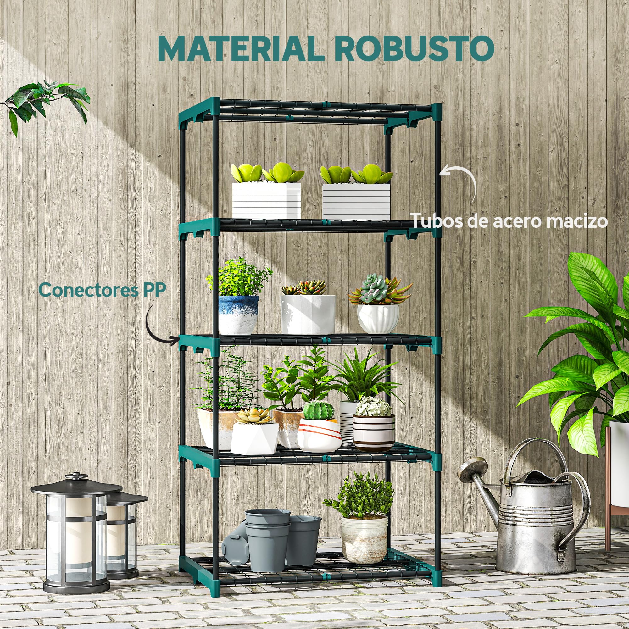 Outsunny Soporte para Plantas de 5 Niveles Acero 67x49x138 cm Verde Oscuro | Estantería para Plantas de Acero, Estantes de Rejilla, Estantería para Macetas, Interior y Exterior