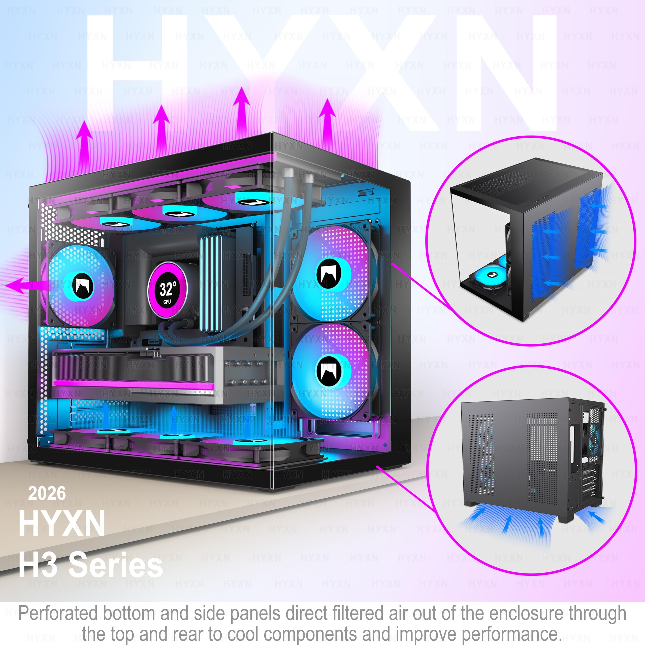 HYXN H3 ATX PC Case - Pre-Installed with 3 ARGB Fans - Compact Dual Cavity Mid-Tower Gaming PC Case,360mm Radiator Support - with Type-C 3.2 (Black-R) - 5